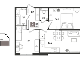 Продается 2-комнатная квартира ЖК Рекорд 2, литера 1, 64.2  м&sup2;, 14091900 рублей