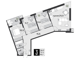 Продается 3-комнатная квартира ЖК Парк Победы 2, литера 21, 83.7  м&sup2;, 11902140 рублей