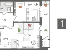 Продается 1-комнатная квартира ЖК Рекорд 2, литера 5, 50.4  м&sup2;, 12539520 рублей