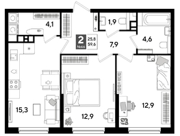 Продается 2-комнатная квартира ЖК ДОГМА ПАРК, литера 15, 59.1  м&sup2;, 9751500 рублей