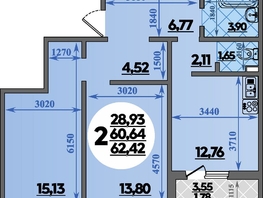 Продается 2-комнатная квартира ЖК Молодежный 2, литера 6, 62.42  м&sup2;, 8058422 рублей