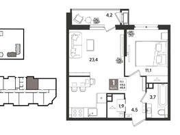 Продается 1-комнатная квартира ЖК Рекорд 2, литера 6, 48.8  м&sup2;, 11233760 рублей