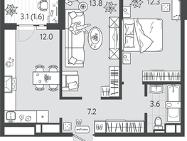 Продается 2-комнатная квартира ЖК Все Свои ВИП, литер 4, 50.2  м&sup2;, 12449600 рублей