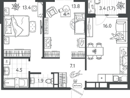 Продается 2-комнатная квартира ЖК Все Свои ВИП, литер 7, 58.3  м&sup2;, 11951500 рублей