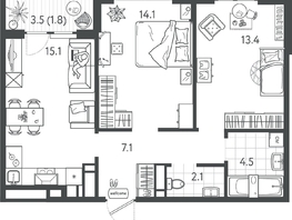 Продается 2-комнатная квартира ЖК Все Свои ВИП, литер 7, 58.45  м&sup2;, 12391400 рублей