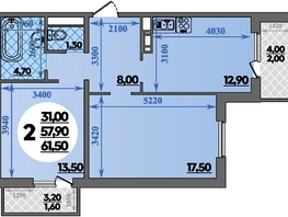 Продается 2-комнатная квартира ЖК Парк у дома, литера 7.3, 61.5  м&sup2;, 9410000 рублей