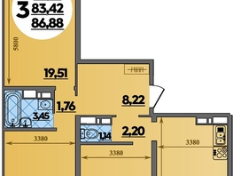 Продается 3-комнатная квартира ЖК Восточный, литер 52, 86.88  м&sup2;, 9340000 рублей