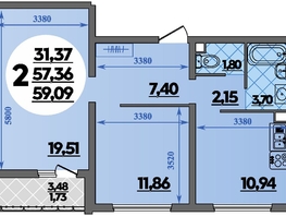 Продается 2-комнатная квартира ЖК Восточный, литер 52, 59.09  м&sup2;, 7440000 рублей