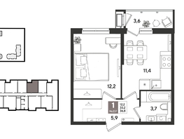 Продается 1-комнатная квартира ЖК Рекорд 2, литера 5, 36.8  м&sup2;, 10296640 рублей