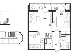 Продается 1-комнатная квартира ЖК Рекорд 2, литера 6, 51.7  м&sup2;, 12154670 рублей