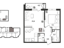 Продается 1-комнатная квартира ЖК Рекорд 2, литера 6, 48.8  м&sup2;, 11311840 рублей