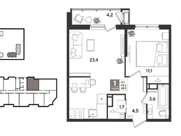 Продается 1-комнатная квартира ЖК Рекорд 2, литера 6, 48.5  м&sup2;, 11407200 рублей