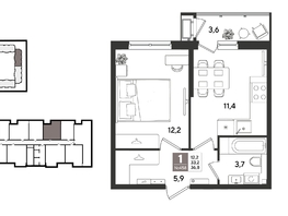 Продается 1-комнатная квартира ЖК Рекорд 2, литера 1, 36.8  м&sup2;, 10690400 рублей