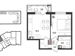 Продается 1-комнатная квартира ЖК Рекорд 2, литера 2, 38.1  м&sup2;, 11239500 рублей