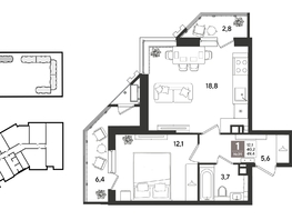 Продается 1-комнатная квартира ЖК Рекорд 2, литера 2, 49.6  м&sup2;, 12618240 рублей