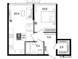 Продается 1-комнатная квартира ЖК ДОГМА ПАРК, лит 13, 45.5  м&sup2;, 8490300 рублей