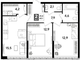 Продается 2-комнатная квартира ЖК ДОГМА ПАРК, литера 15, 60.1  м&sup2;, 10409320 рублей