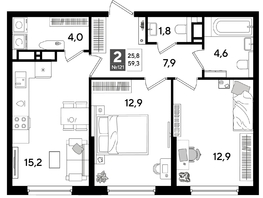Продается 2-комнатная квартира ЖК ДОГМА ПАРК, литера 15, 59.3  м&sup2;, 10371570 рублей