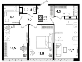 Продается 2-комнатная квартира ЖК ДОГМА ПАРК, литера 15, 61  м&sup2;, 10797000 рублей