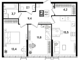 Продается 2-комнатная квартира ЖК ДОГМА ПАРК, литера 16, 60.1  м&sup2;, 10793960 рублей