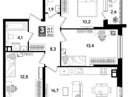 Продается 3-комнатная квартира ЖК ДОГМА ПАРК, литера 16, 70  м&sup2;, 11697000 рублей