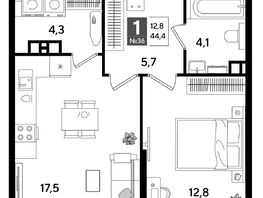 Продается 1-комнатная квартира ЖК ДОГМА ПАРК, литера 16, 44.4  м&sup2;, 8604720 рублей