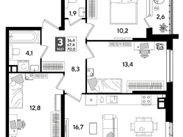Продается 3-комнатная квартира ЖК ДОГМА ПАРК, литера 16, 70  м&sup2;, 11732000 рублей