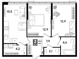Продается 2-комнатная квартира ЖК ДОГМА ПАРК, литера 16, 60.1  м&sup2;, 10523510 рублей