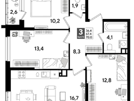 Продается 3-комнатная квартира ЖК ДОГМА ПАРК, литера 16, 70  м&sup2;, 11676000 рублей