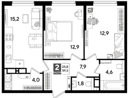 Продается 2-комнатная квартира ЖК ДОГМА ПАРК, литера 16, 59.3  м&sup2;, 10466450 рублей