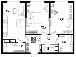 Продается 2-комнатная квартира ЖК ДОГМА ПАРК, литера 16, 59.3  м&sup2;, 10502030 рублей