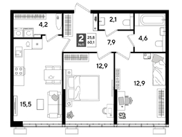 Продается 2-комнатная квартира ЖК ДОГМА ПАРК, лит 17, 60.1  м&sup2;, 10337200 рублей