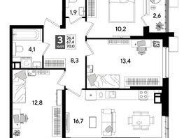 Продается 3-комнатная квартира ЖК ДОГМА ПАРК, литера 19, 70  м&sup2;, 11221000 рублей