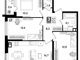 Продается 3-комнатная квартира ЖК ДОГМА ПАРК, литера 19, 70  м&sup2;, 11340000 рублей