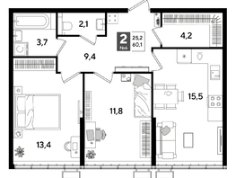 Продается 2-комнатная квартира ЖК ДОГМА ПАРК, лит 20, 60.1  м&sup2;, 10505480 рублей