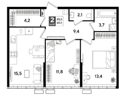 Продается 2-комнатная квартира ЖК ДОГМА ПАРК, лит 20, 60.1  м&sup2;, 10439370 рублей