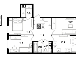 Продается 3-комнатная квартира ЖК ДОГМА ПАРК, литера 21, 76  м&sup2;, 12296800 рублей