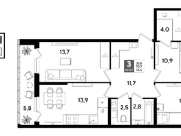 Продается 3-комнатная квартира ЖК ДОГМА ПАРК, литера 22, 76.5  м&sup2;, 12117600 рублей