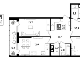 Продается 3-комнатная квартира ЖК ДОГМА ПАРК, литера 22, 75.8  м&sup2;, 12112840 рублей