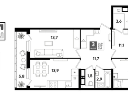 Продается 3-комнатная квартира ЖК ДОГМА ПАРК, литера 22, 75.7  м&sup2;, 12316390 рублей