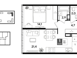 Продается 1-комнатная квартира ЖК ДОГМА ПАРК, литера 22, 45.1  м&sup2;, 8704300 рублей