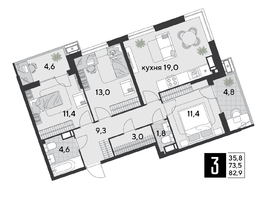 Продается 3-комнатная квартира Героя Дангиреева ул, 83.7  м&sup2;, 13743540 рублей