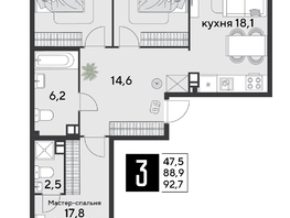 Продается 3-комнатная квартира ЖК Парк Победы 2, литера 20, 93.3  м&sup2;, 14657430 рублей