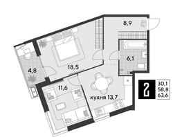 Продается 2-комнатная квартира ЖК Парк Победы 2, литера 21, 64.1  м&sup2;, 10800850 рублей