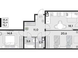 Продается 2-комнатная квартира ЖК Парк Победы 2, литера 21, 75.1  м&sup2;, 11820740 рублей