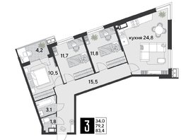 Продается 3-комнатная квартира ЖК Парк Победы 2, литера 21, 83.4  м&sup2;, 13335660 рублей