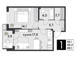 Продается 1-комнатная квартира ЖК Парк Победы 2, литера 21, 48.4  м&sup2;, 9021760 рублей