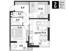 Продается 2-комнатная квартира ЖК Парк Победы 2, литера 28, 63.1  м&sup2;, 10928920 рублей