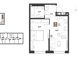 Продается 1-комнатная квартира ЖК ГРЕЙД, литер 13, 36  м&sup2;, 7189200 рублей