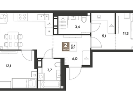 Продается 2-комнатная квартира ЖК ГРЕЙД, литер 13, 61.7  м&sup2;, 11562580 рублей